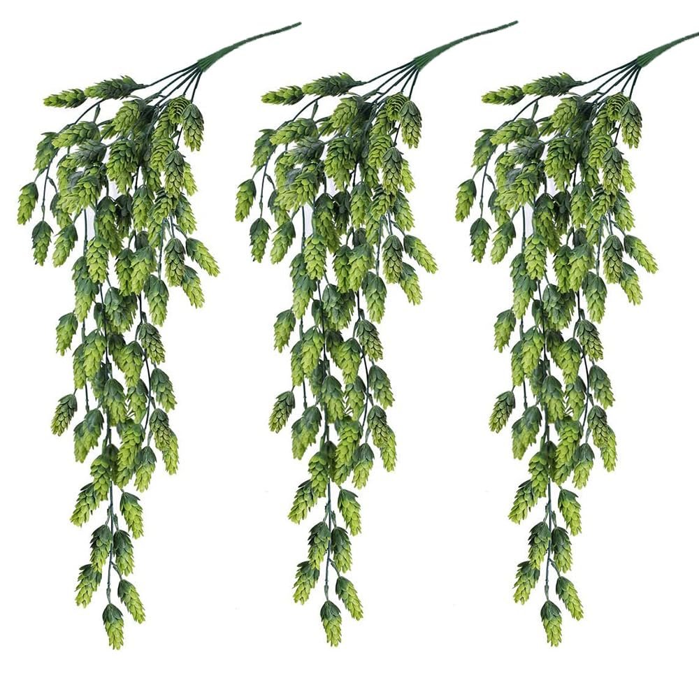 Three artificial hops vines with green cones and leaves, displayed against a white background.