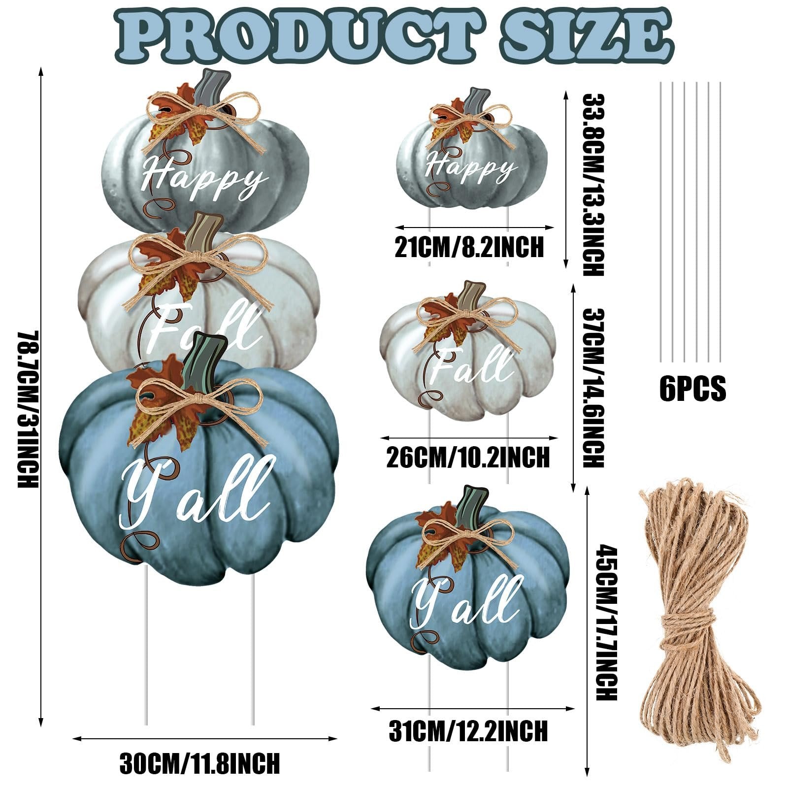 Stackable blue and white pumpkins with 'Happy Fall Y'all' text and twine bows, shown with size dimensions and twine bundle.