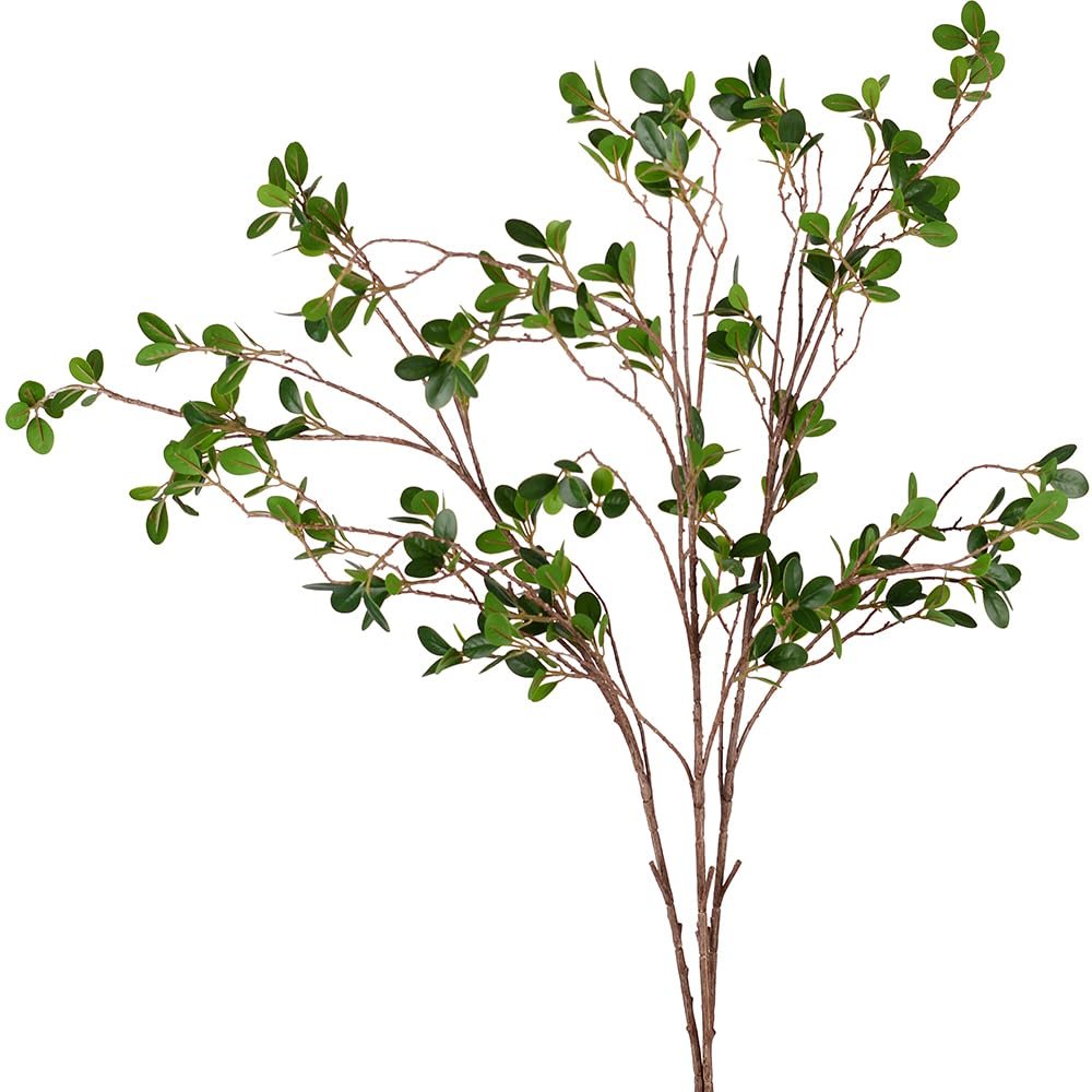 Artificial eucalyptus branch with green plastic leaves and brown flexible wire stems against a white background
