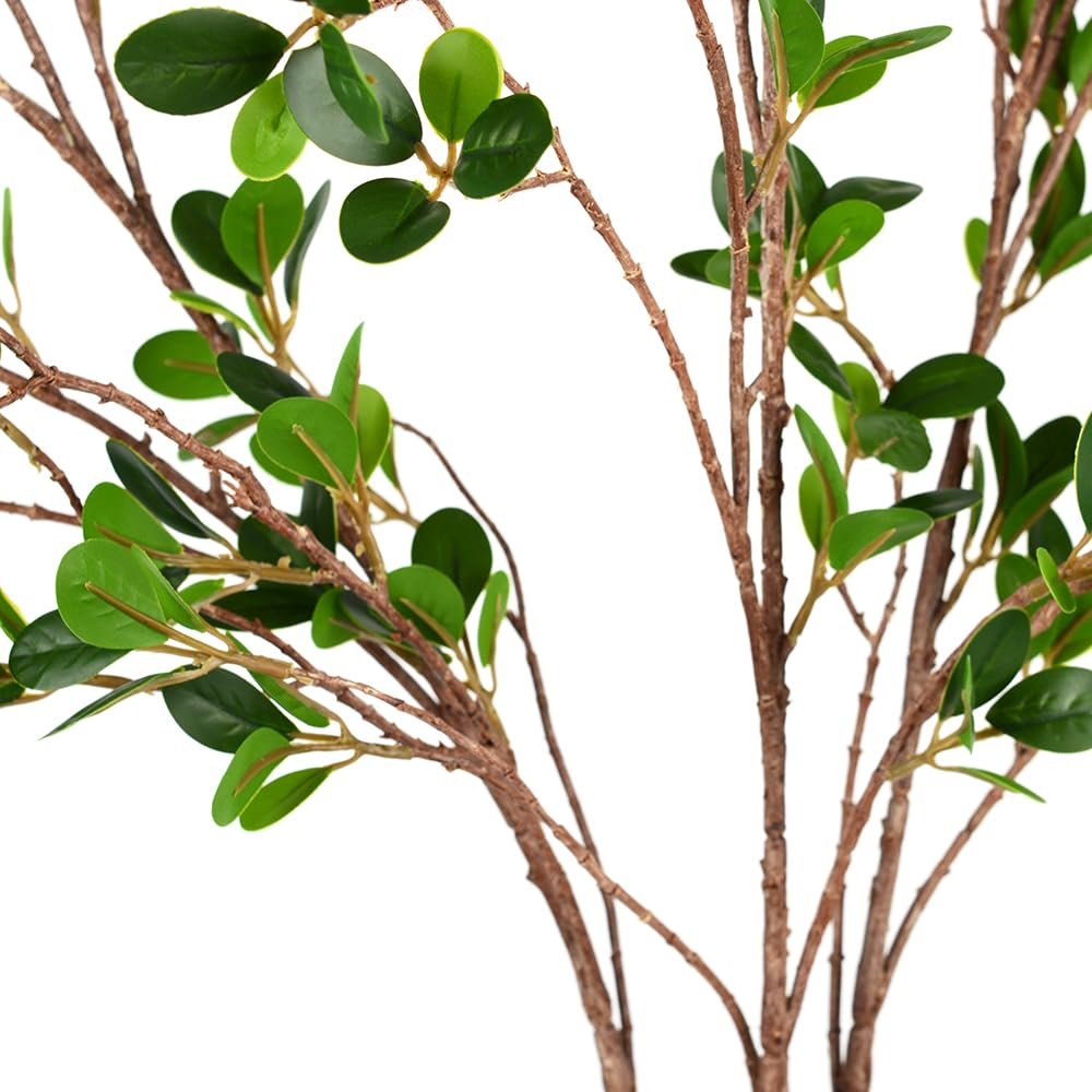 Close-up of artificial eucalyptus branches with green plastic leaves and brown flexible wire stems against a white background.