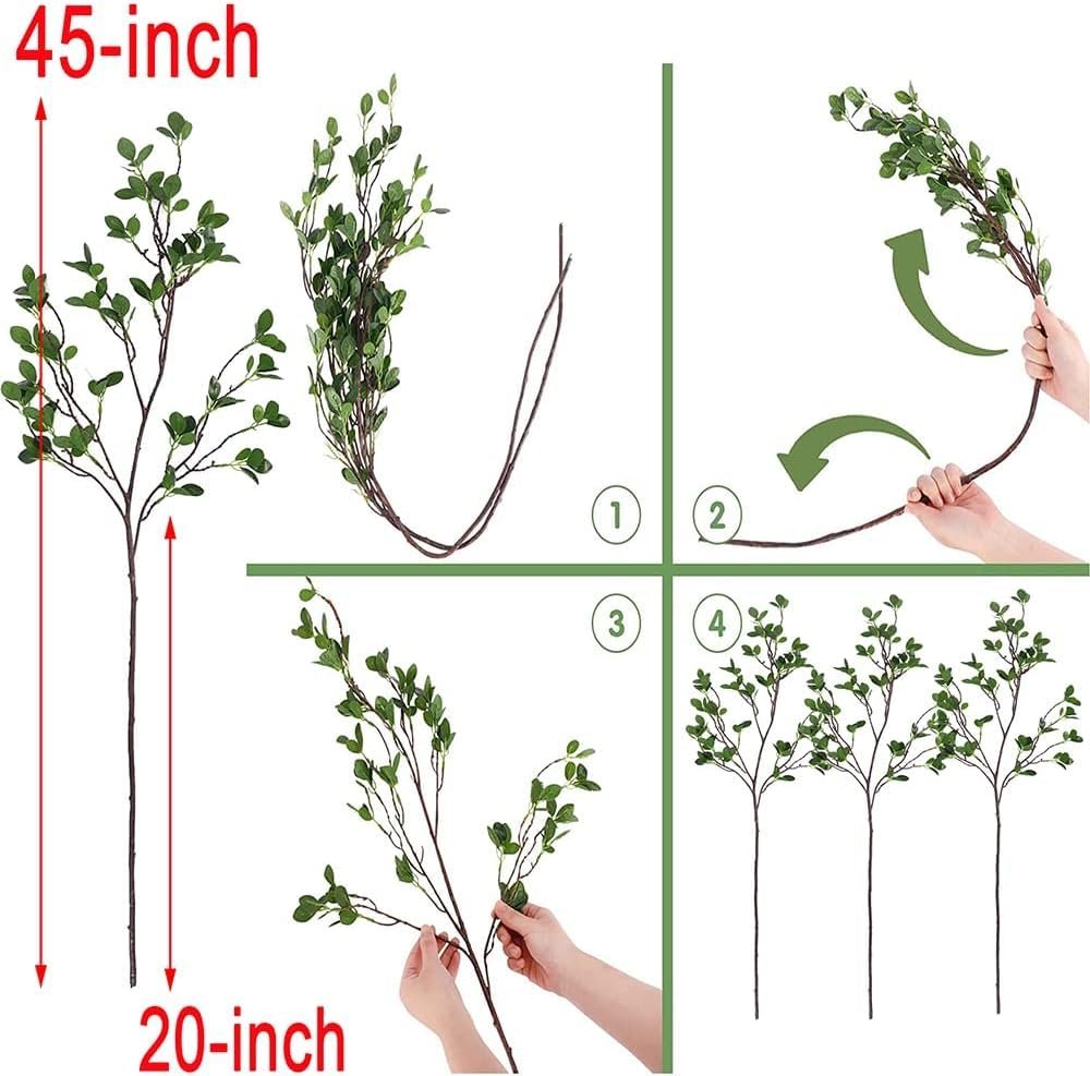 Four artificial eucalyptus branches shown with measurements and assembly steps. One branch is shown with 45-inch and 20-inch height indicators. Another shows how to bend the flexible wire stem. The final panel displays three assembled branches.