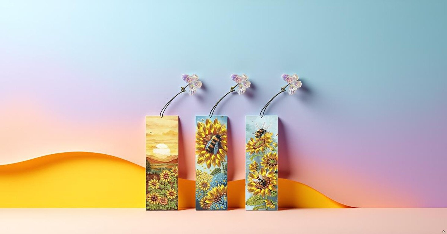 Three diamond painting bookmarks with sunflower and bee designs, hanging with floral charms.