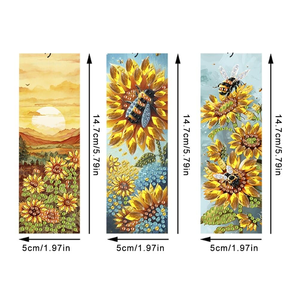 Three diamond painting bookmarks featuring sunflowers and bees, with dimensions indicated.