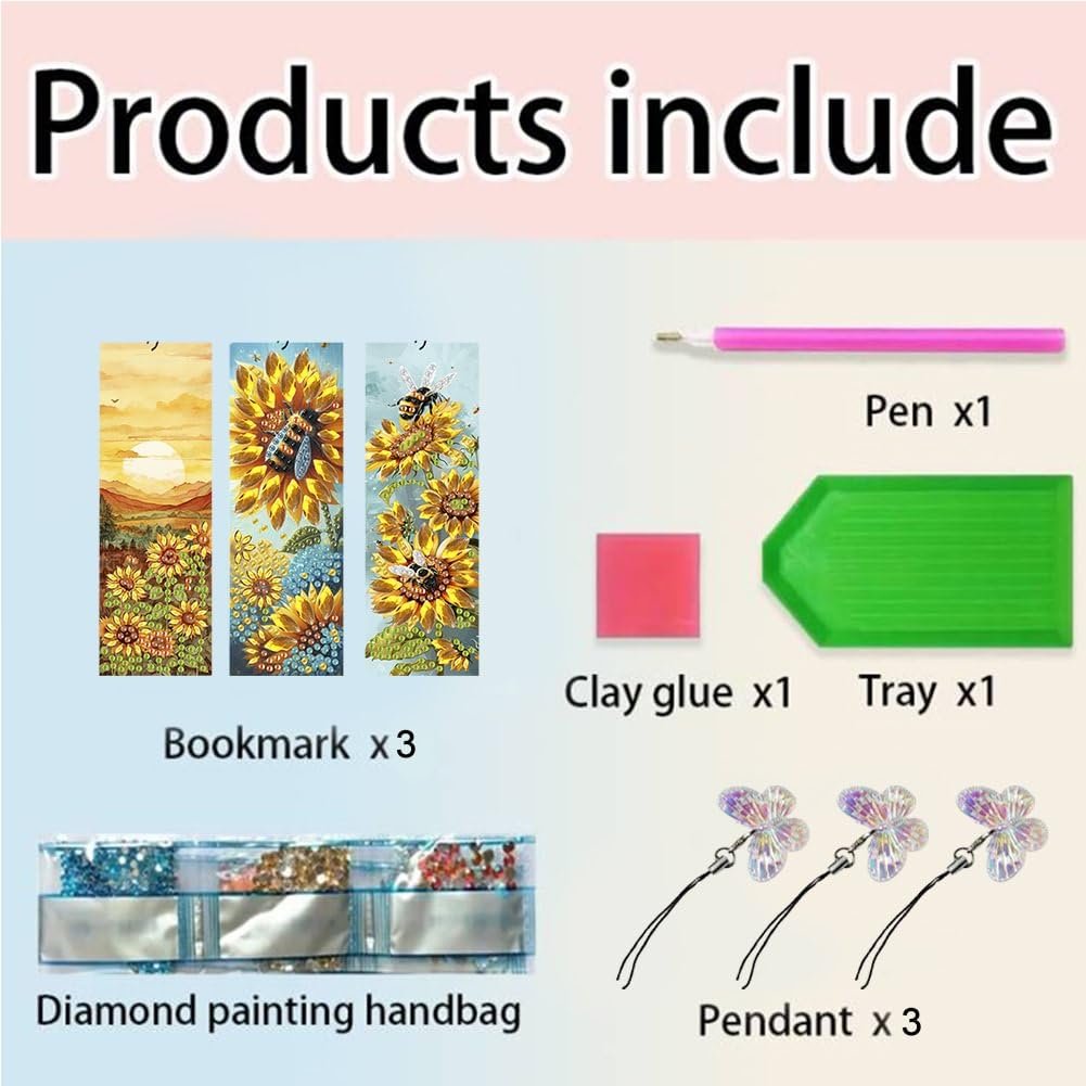 Diamond painting bookmark kit contents: three bookmarks, pen, clay glue, tray, diamond painting handbag, and three pendants.