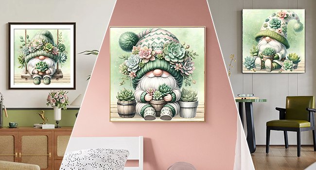 Three diamond art paintings of a gnome adorned with succulents, displayed in different settings.