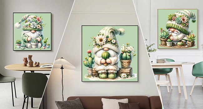 Three diamond art paintings of a gnome with succulents, displayed in a home setting.
