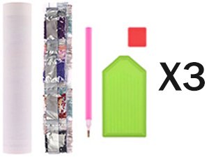 Diamond art kit contents including canvas tube, diamond bags, pink drill pen, green tray, and red square, with 'X3' indicating three kits.