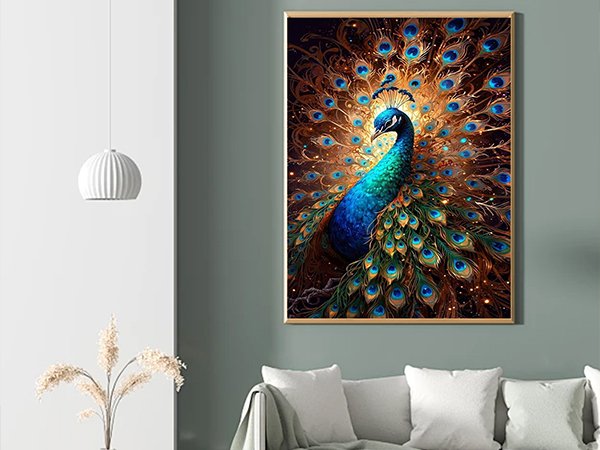 Diamond art painting of a peacock with its tail feathers spread, displayed in a living room setting.
