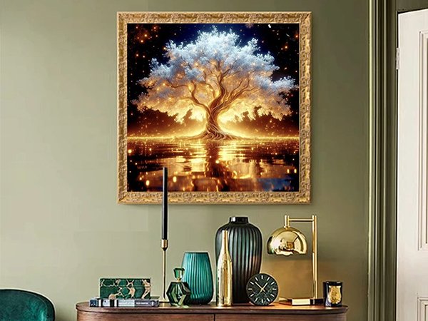 Framed 5D diamond art painting of a glowing tree with white leaves and golden light, reflecting on water.