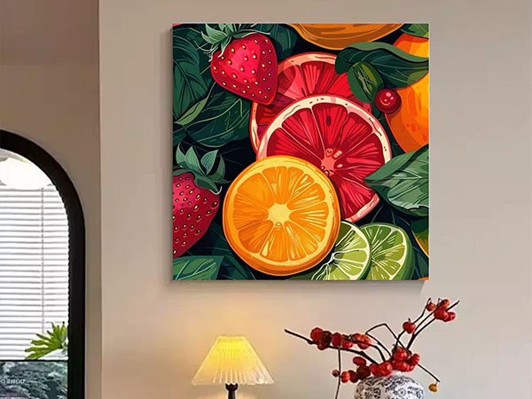 Vibrant fruit art canvas featuring strawberries, oranges, grapefruit, and limes against dark green leaves.