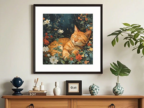 Framed artwork of a sleeping orange cat nestled among colorful flowers and greenery, displayed on a wall above a wooden dresser.