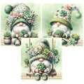 Three diamond art kit designs featuring gnomes adorned with succulents and flowers, set against a soft green watercolor background.