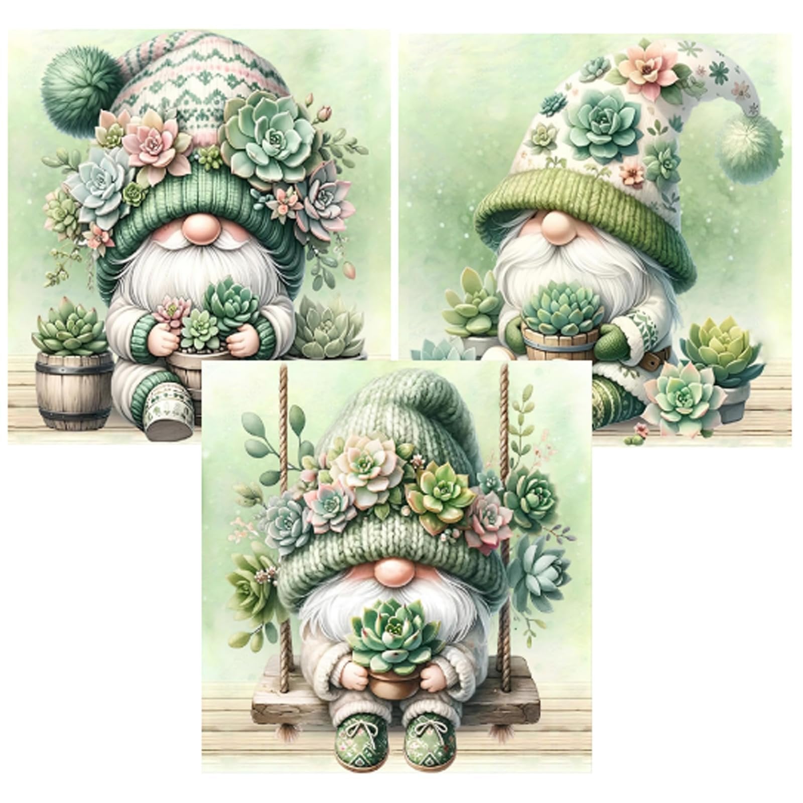 Three diamond art kit designs featuring gnomes adorned with succulents and flowers, set against a soft green watercolor background.