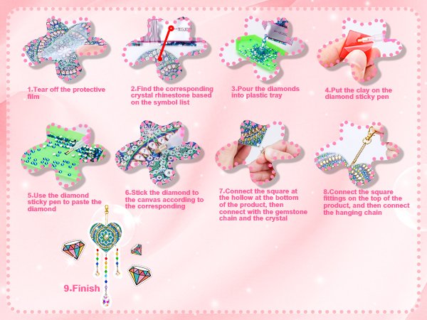 Diamond painting wind chime suncatcher kit instructions showing 9 steps from applying rhinestones to finishing.