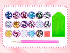 Diamond painting wind chime suncatcher kit contents including colorful rhinestones, a pink drill pen, a green tray, and a pink eraser.