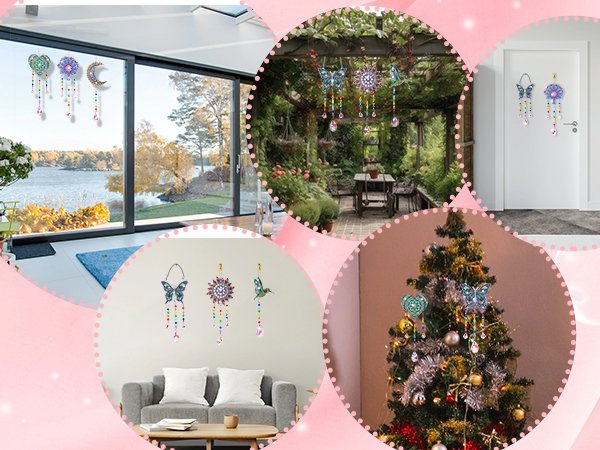 Diamond painting wind chime suncatchers displayed in various home settings: on a window, patio, door, and Christmas tree.
