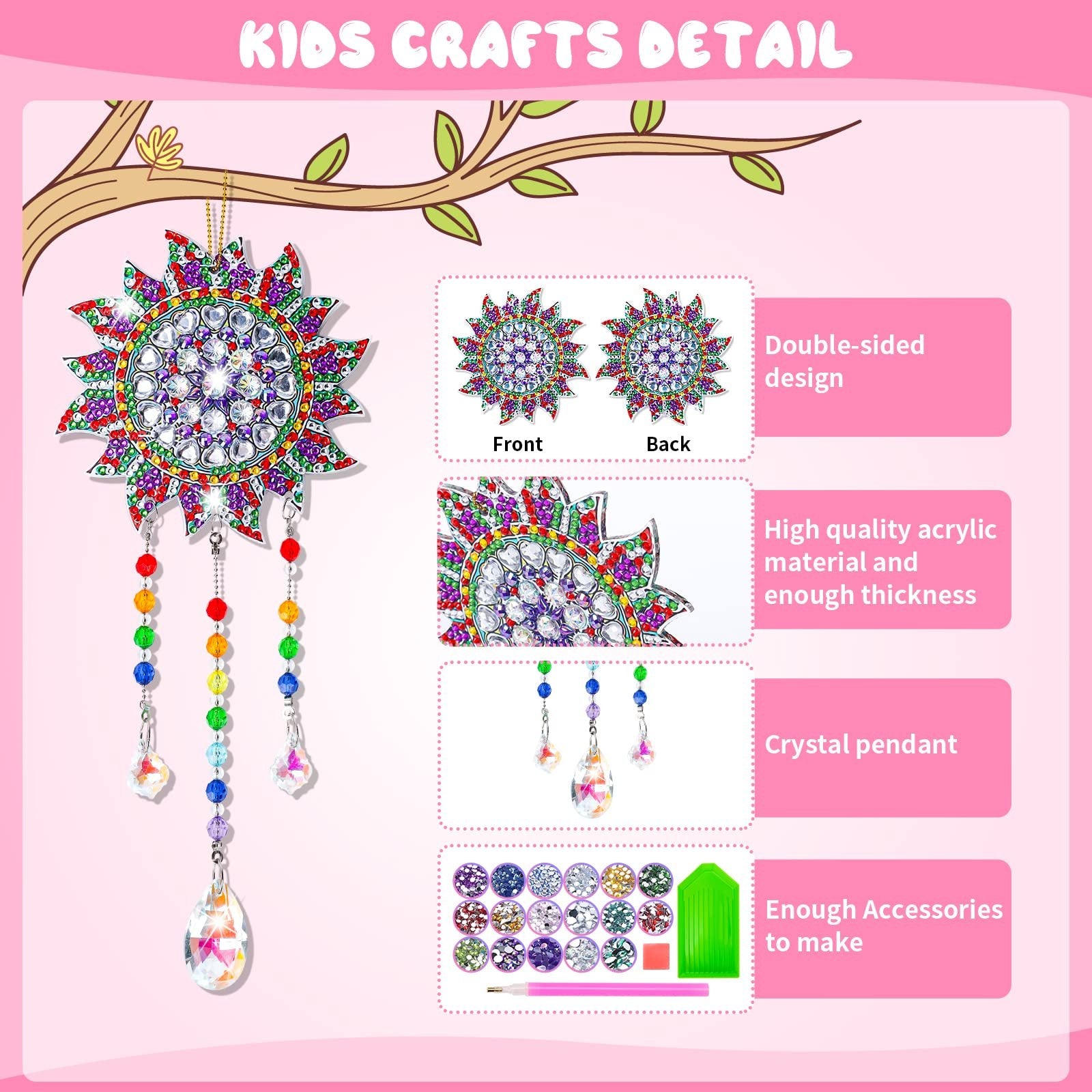 Diamond painting wind chime suncatcher kit with crystal pendants and accessories shown from multiple angles.