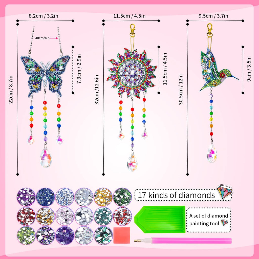 Diamond painting wind chime suncatcher kit with butterfly, sun, and hummingbird designs, showing dimensions and included diamond types and tools.