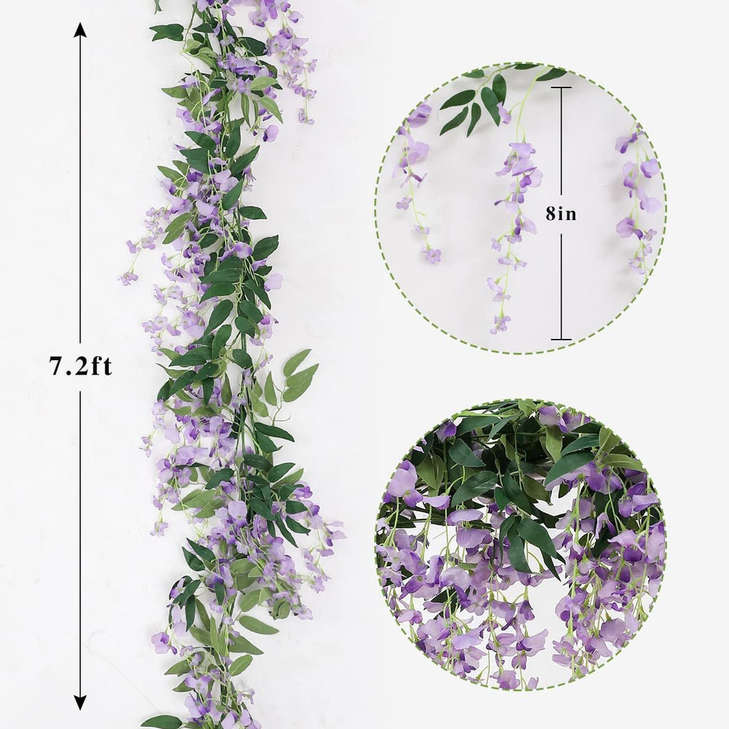 Artificial purple wisteria garland with green leaves, showing 7.2ft length and 8in flower drop detail