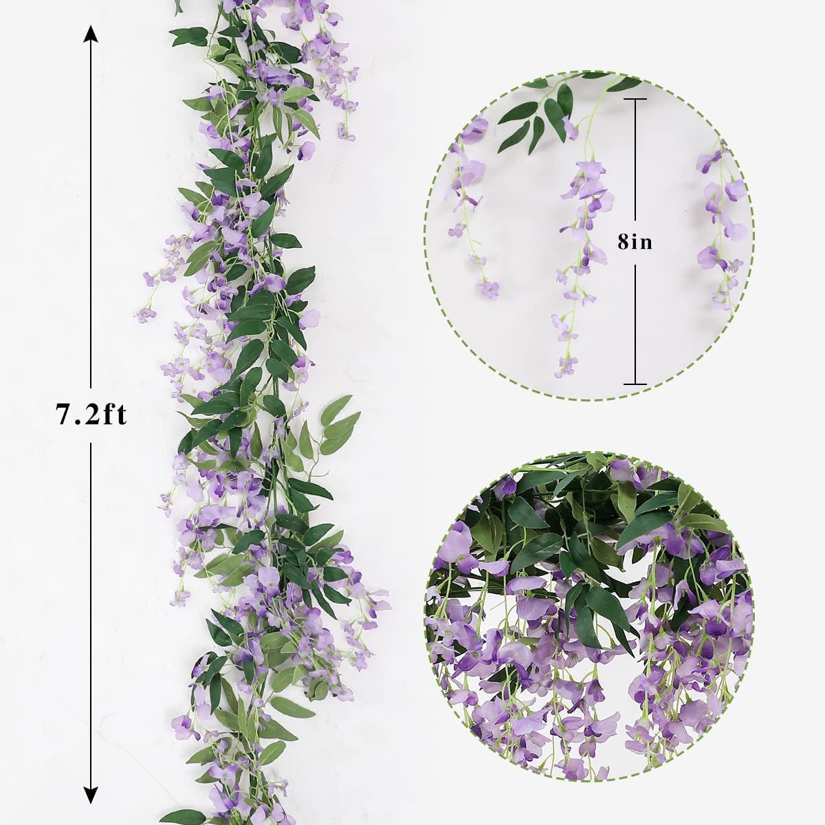 Artificial purple wisteria garland with green leaves, showing 7.2ft length and 8in flower drop detail