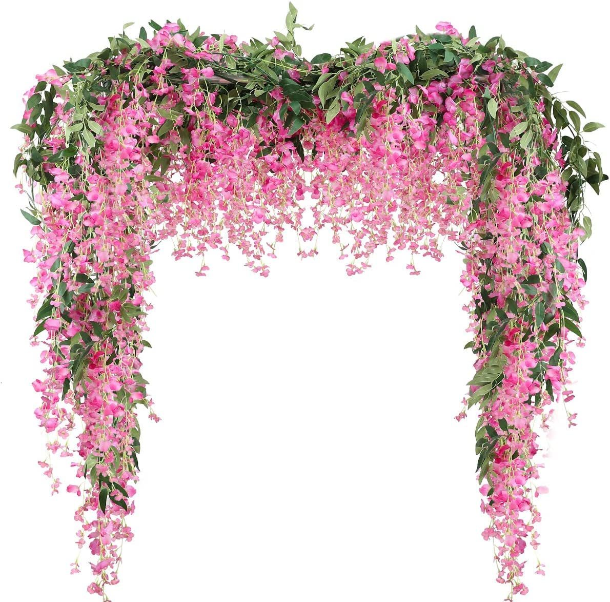 Artificial fuchsia wisteria garland with green leaves draped in an arch shape against a white background.