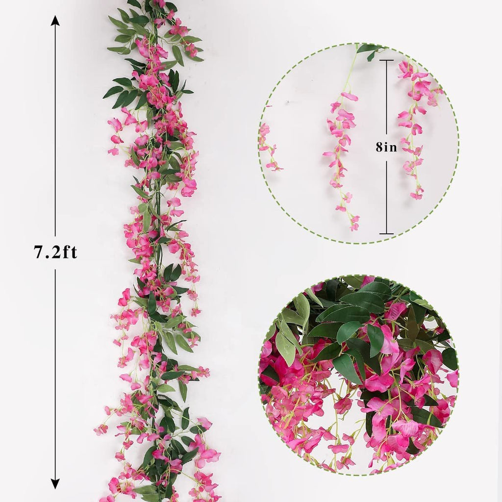 Artificial fuchsia wisteria garland with green leaves, showing full length and close-up details.