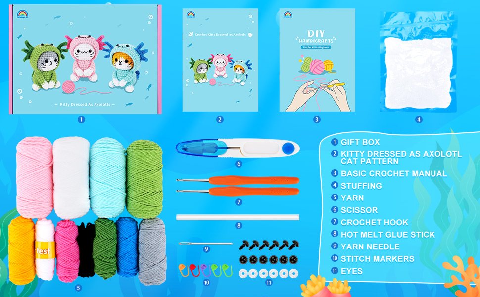 Crochet kit contents including yarn, hooks, stuffing, and instructions for making axolotl cat figures.