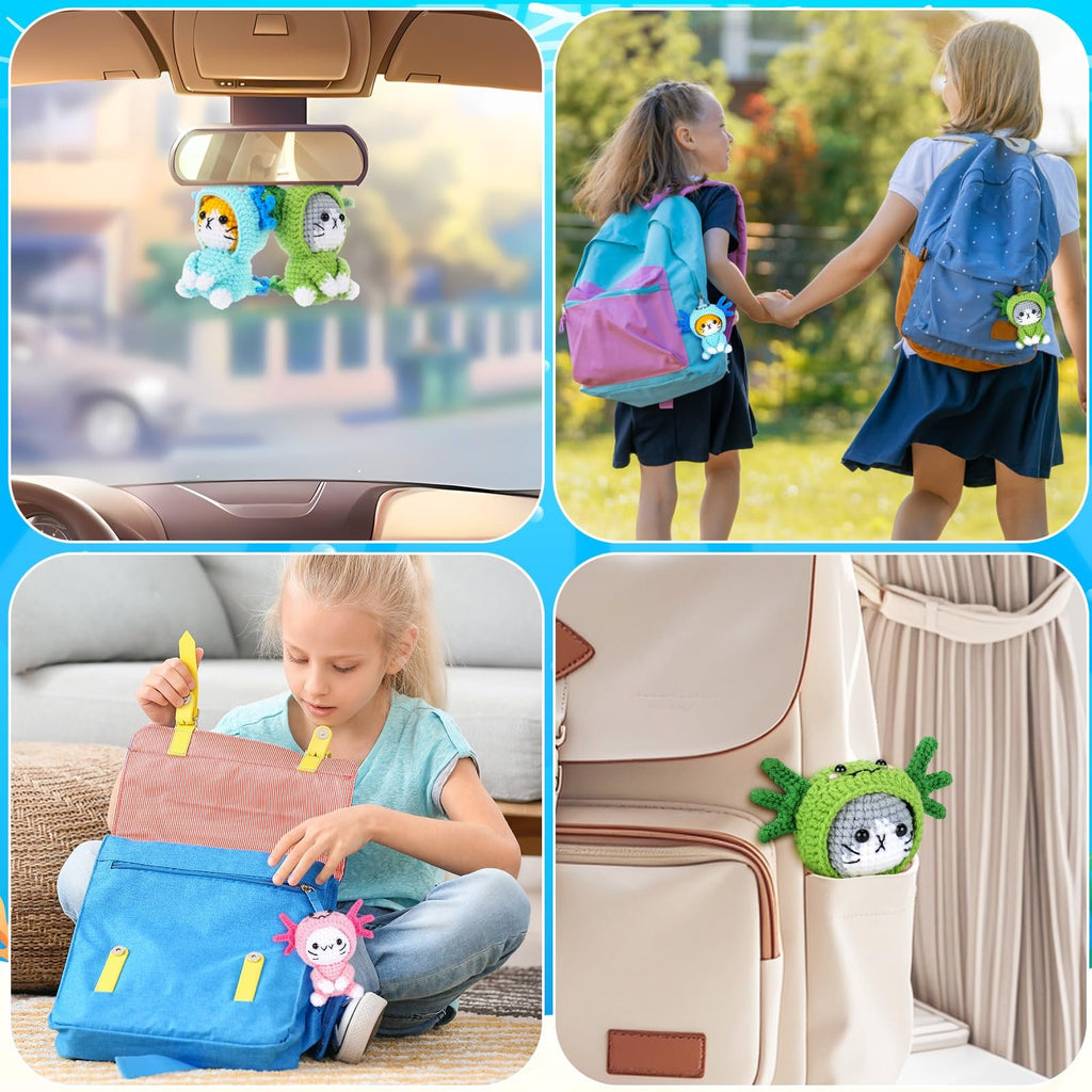 Collage of crochet axolotl and cat charms attached to backpacks and hanging in a car.