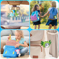 Collage of crochet axolotl and cat charms attached to backpacks and hanging in a car.