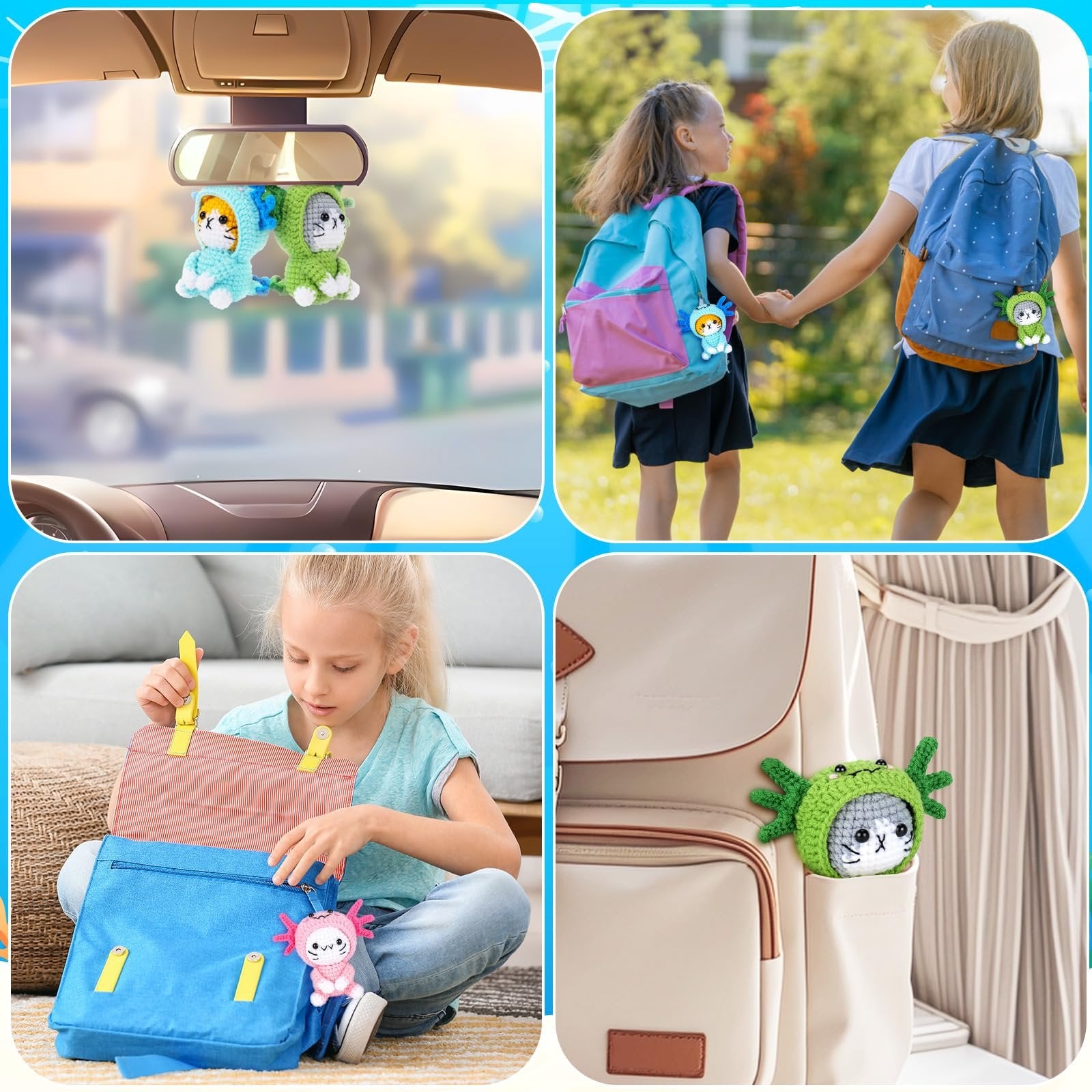 Collage of crochet axolotl and cat charms attached to backpacks and hanging in a car.