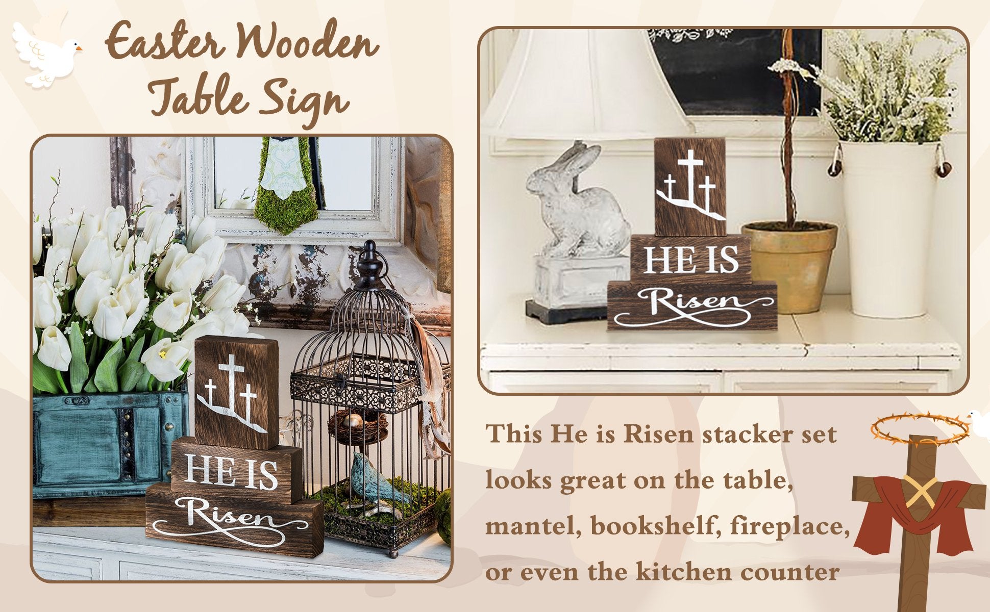 Three wooden Easter blocks with Christian messages and crosses, displayed with tulips and a birdcage.