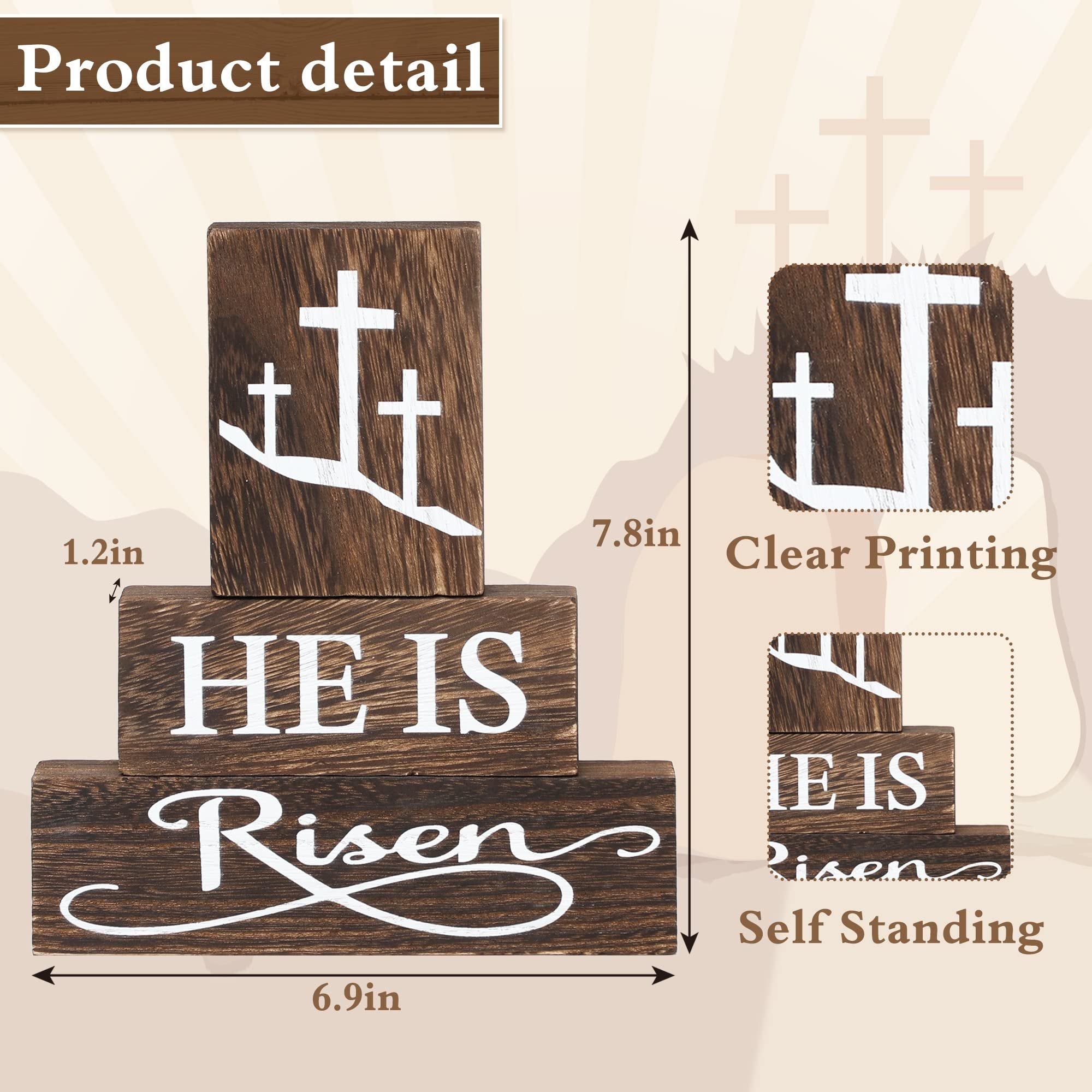 Three stacked wooden blocks with Christian Easter messages and crosses, showing dimensions and features.
