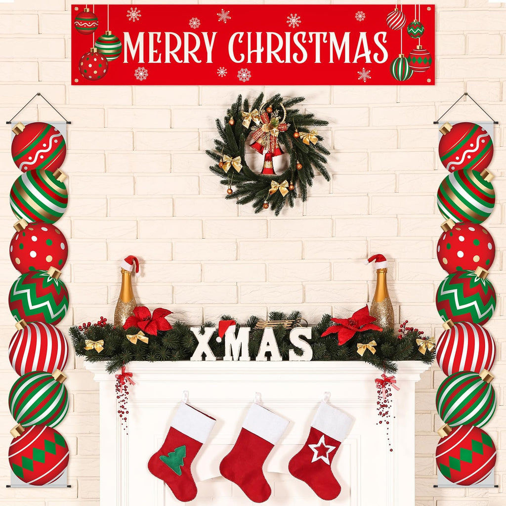 Christmas fireplace decorated with banners, wreath, stockings, and ornaments