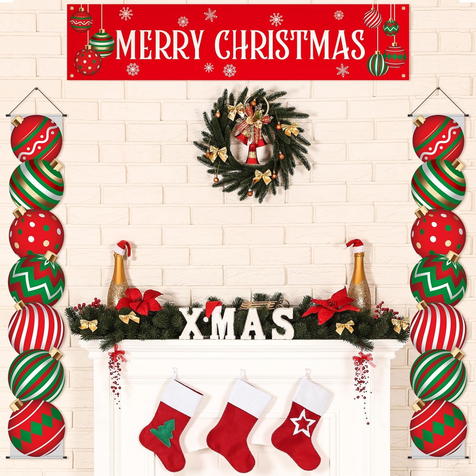 Christmas fireplace decorated with banners, wreath, stockings, and ornaments