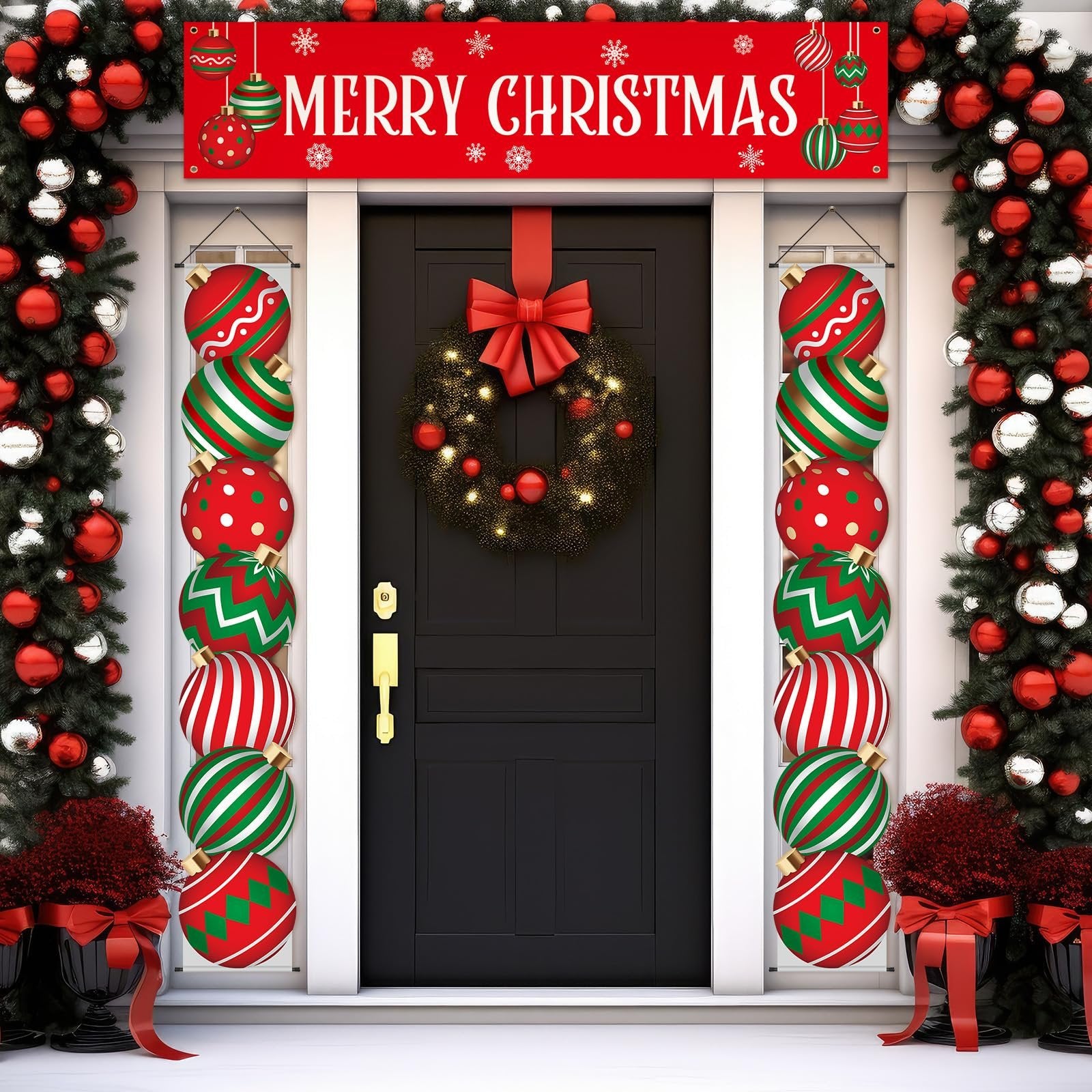 Christmas porch decorations including a Merry Christmas banner, wreath, and ornament-themed vertical banners flanking a black door.