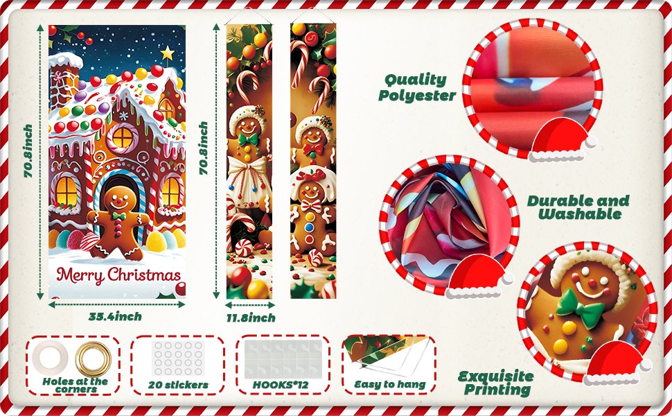 Christmas gingerbread door decor set with one large door cover and two porch banners, showing gingerbread men and candy canes.