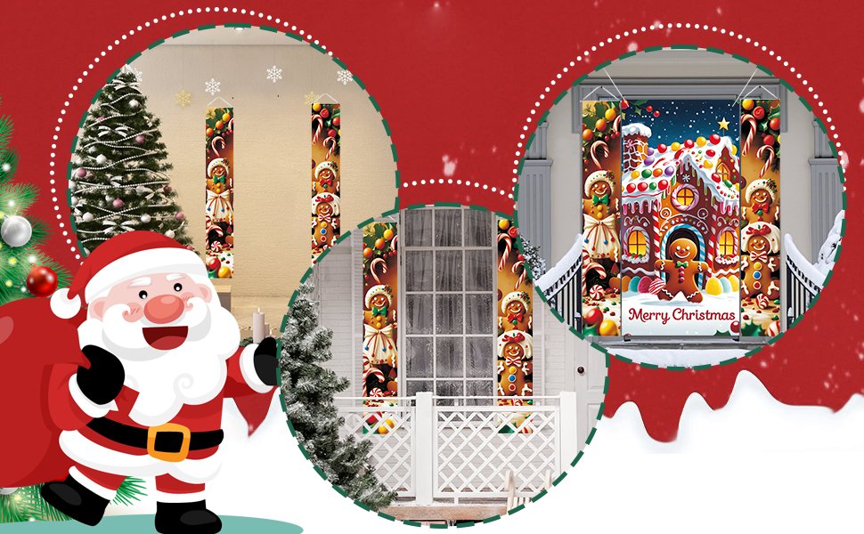 Christmas gingerbread door decor set with Santa and decorated trees, showing porch banners and a large gingerbread house.