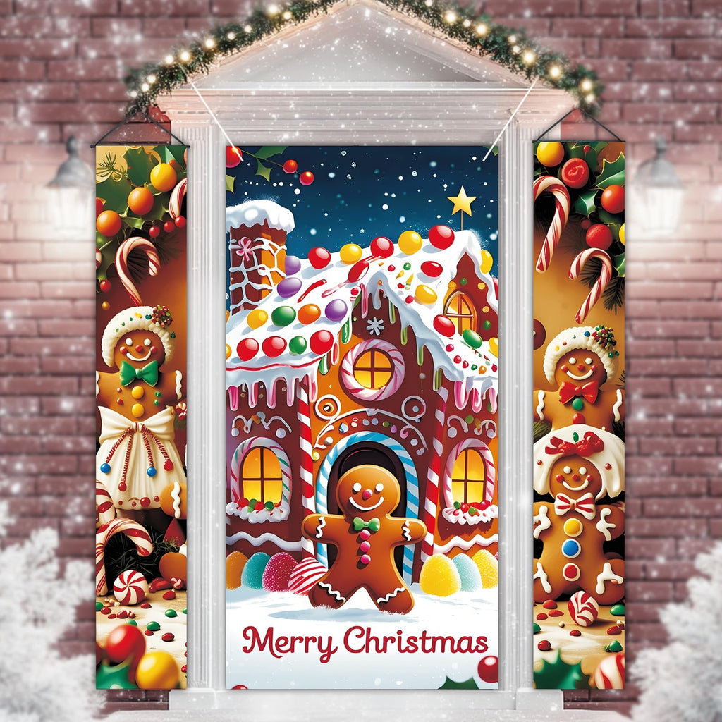 Christmas gingerbread house door cover and two porch banners with gingerbread people and candy canes