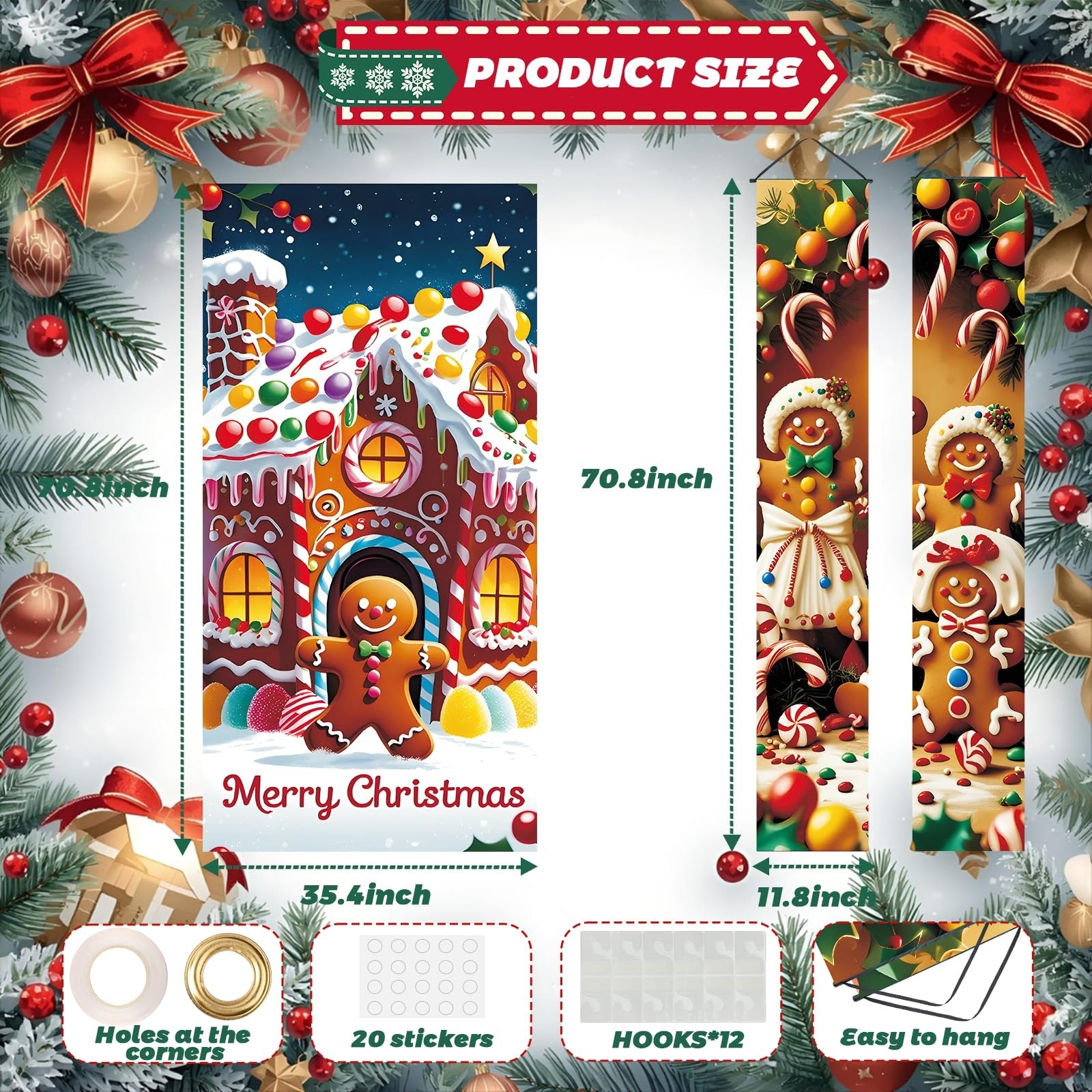 Christmas gingerbread house door cover and two porch banners with festive decorations and product size information.