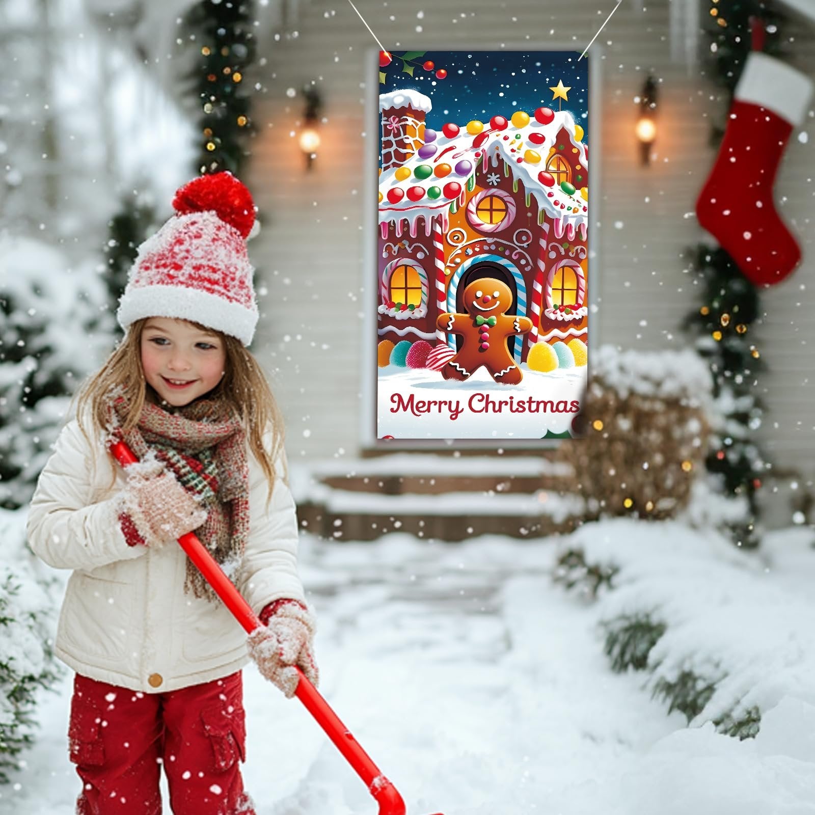 Girl shoveling snow in front of a house decorated for Christmas with a gingerbread house door cover and porch banners