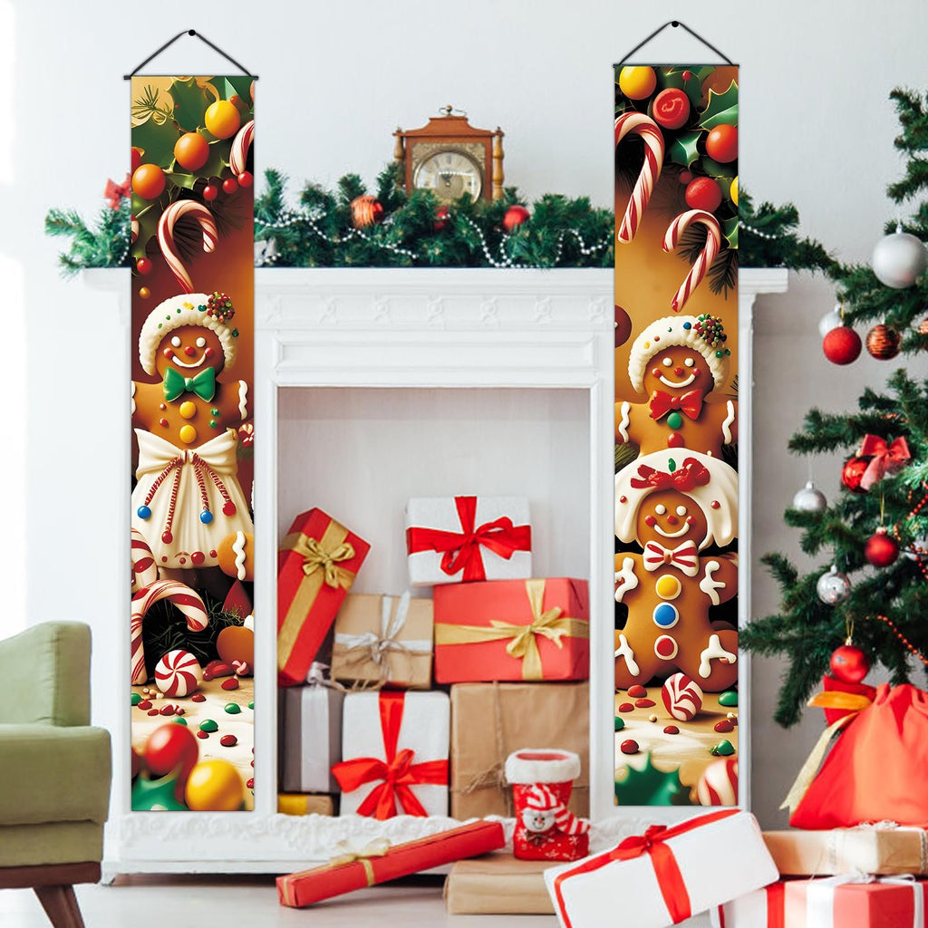 Christmas gingerbread door decor set with two porch banners hanging on a fireplace with gifts and a Christmas tree