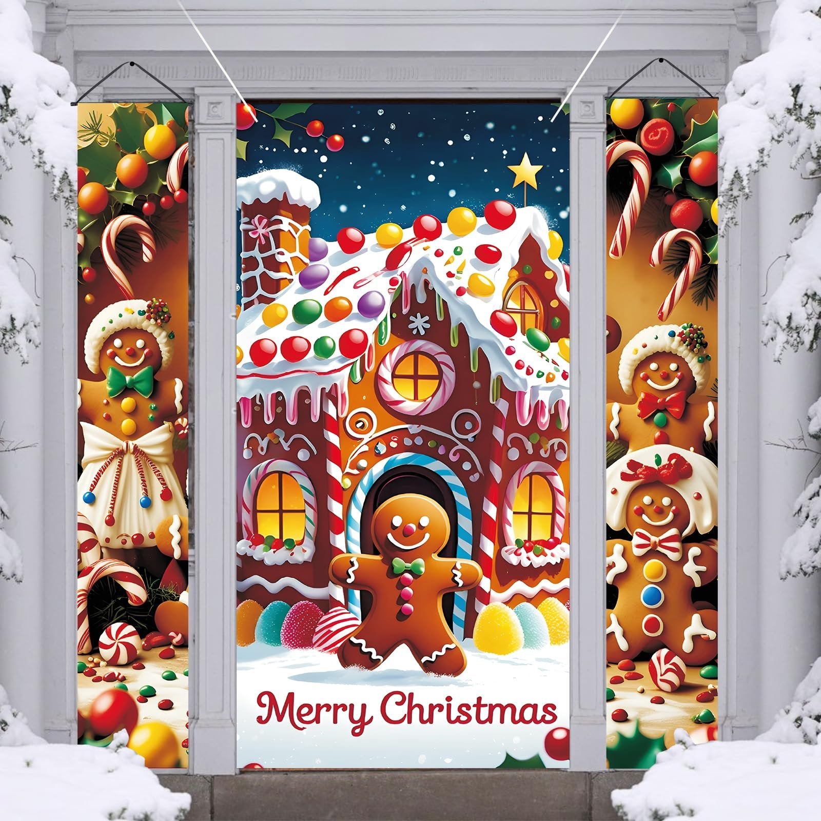 Christmas gingerbread door decor set with gingerbread people, candy canes, and a gingerbread house, with 'Merry Christmas' text.