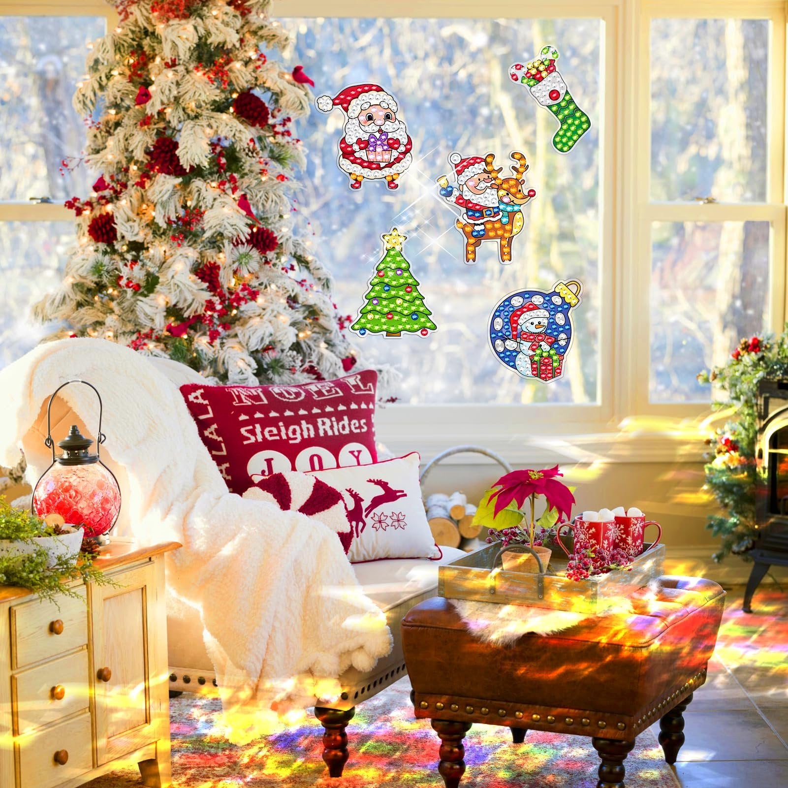 Christmas scene with diamond art window clings of Santa, reindeer, snowman, and tree on a window next to a decorated tree.