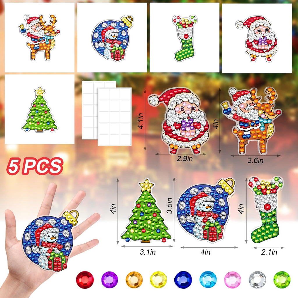 Diamond art mandala window cling kit with Santa, reindeer, snowman, Christmas tree, and stocking designs. Includes adhesive sheets and colorful rhinestones.