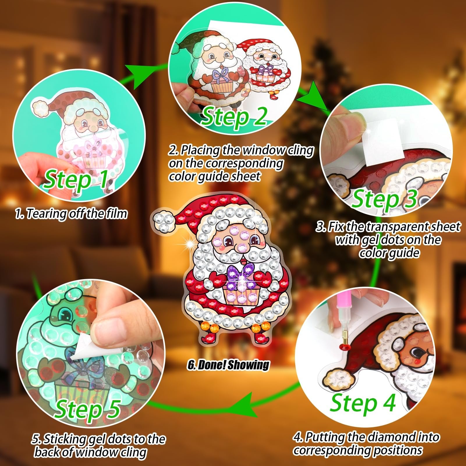Diamond art Santa Claus window cling kit instructions showing 6 steps of creation with gel dots and tools.
