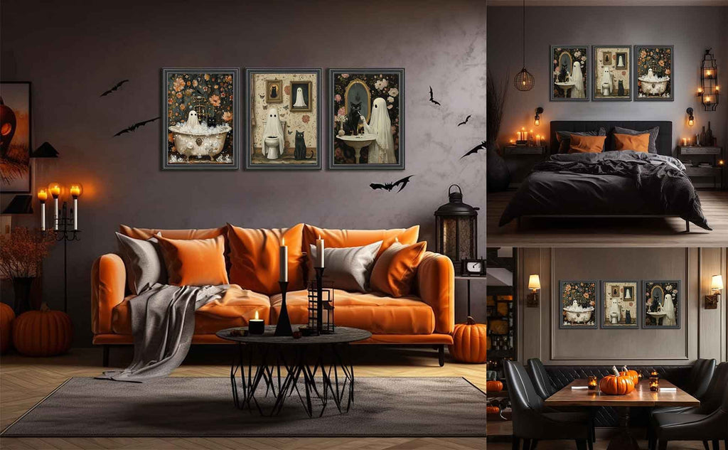 Collage of Halloween-themed wall art featuring ghosts and black cats in various settings, including a living room, bedroom, and dining area.
