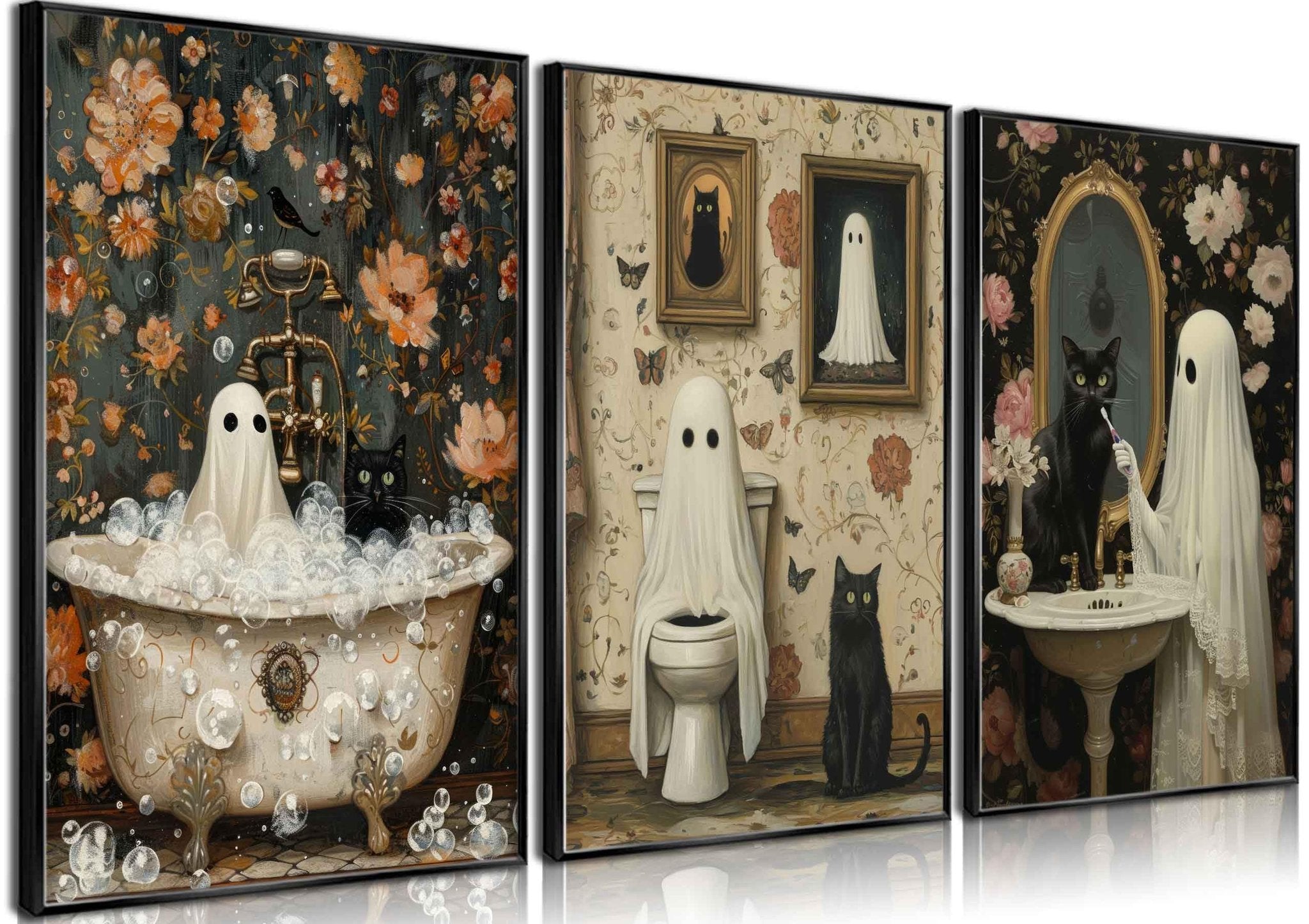 Three framed Halloween-themed canvas art prints featuring ghosts and black cats in vintage bathroom scenes.