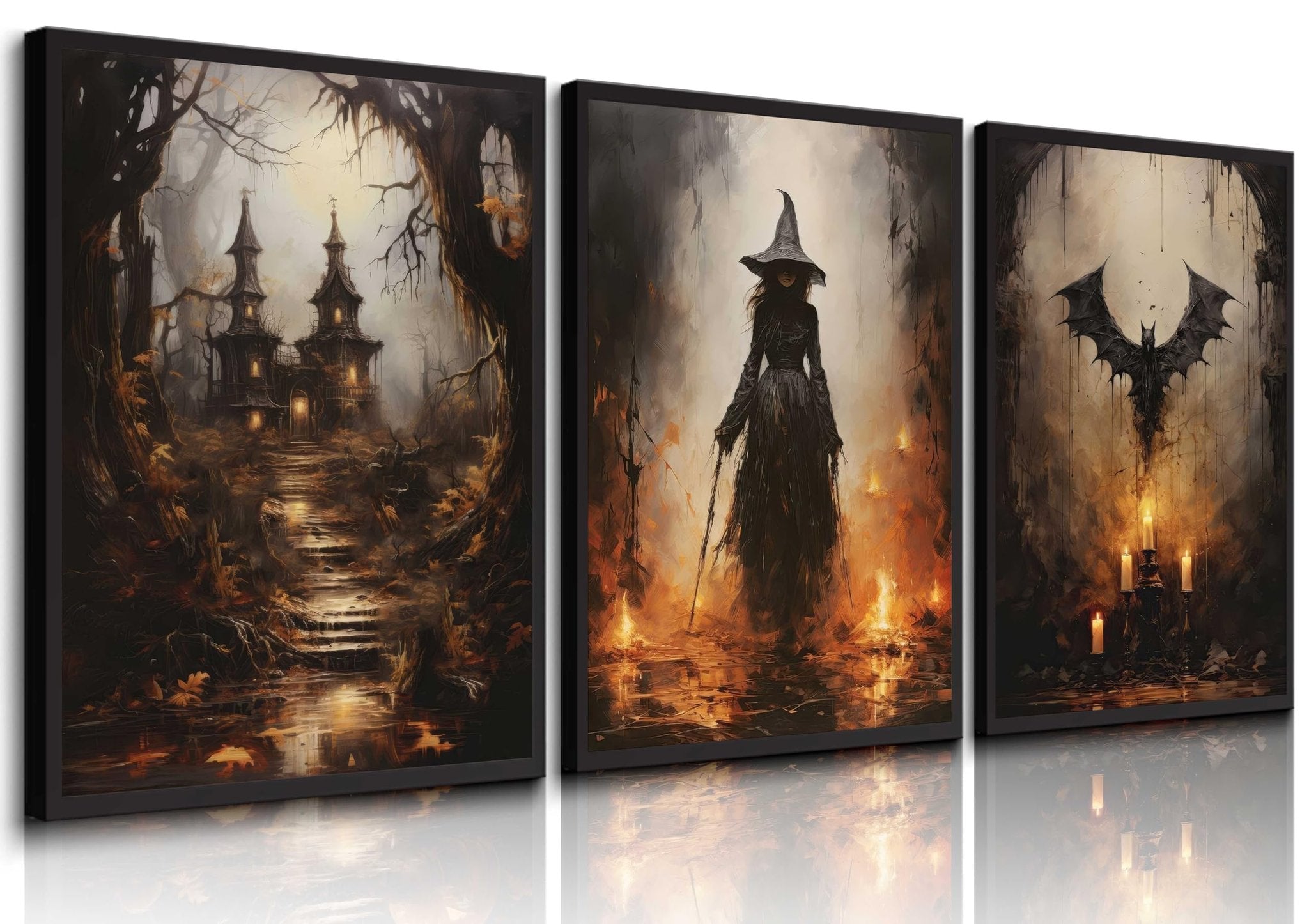 Three framed Halloween canvas prints: a spooky castle on a path, a witch with a staff, and a bat over candles.