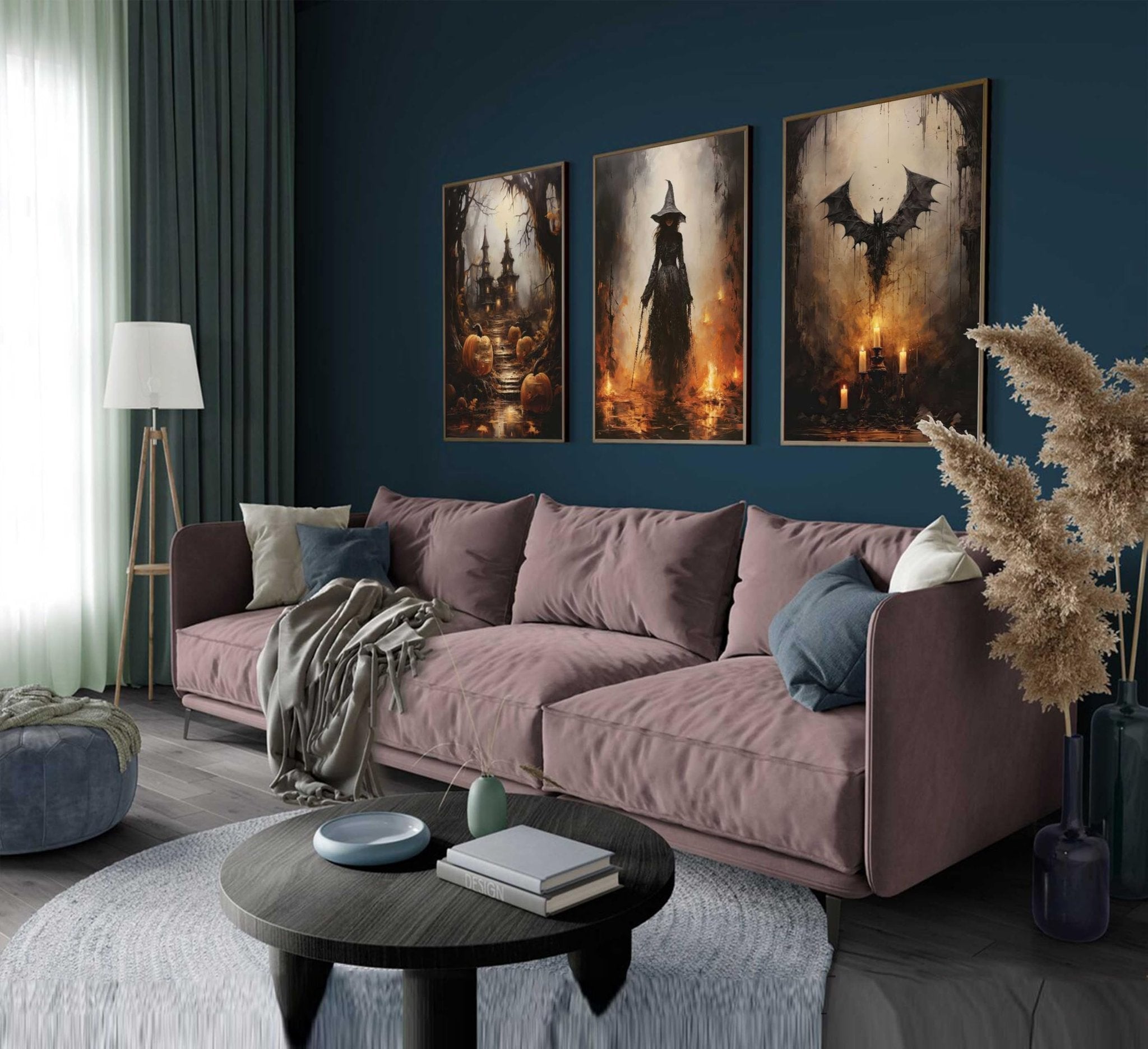 Three framed Halloween-themed canvas prints depicting a gothic castle, a witch, and a bat, displayed above a sofa in a living room setting.