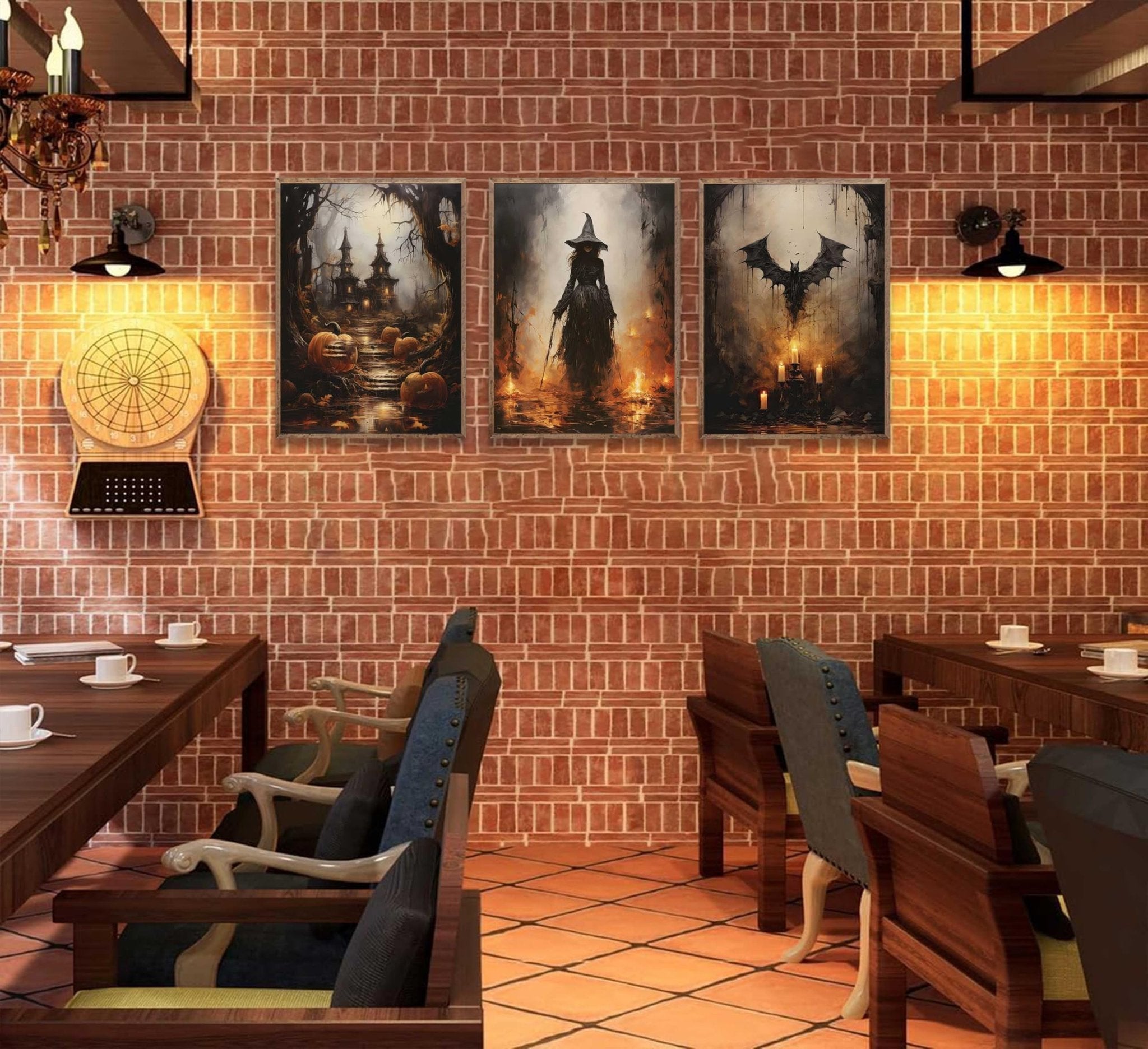 Three Halloween-themed canvas prints depicting a spooky castle, a witch, and a bat, displayed on a brick wall above tables and chairs.